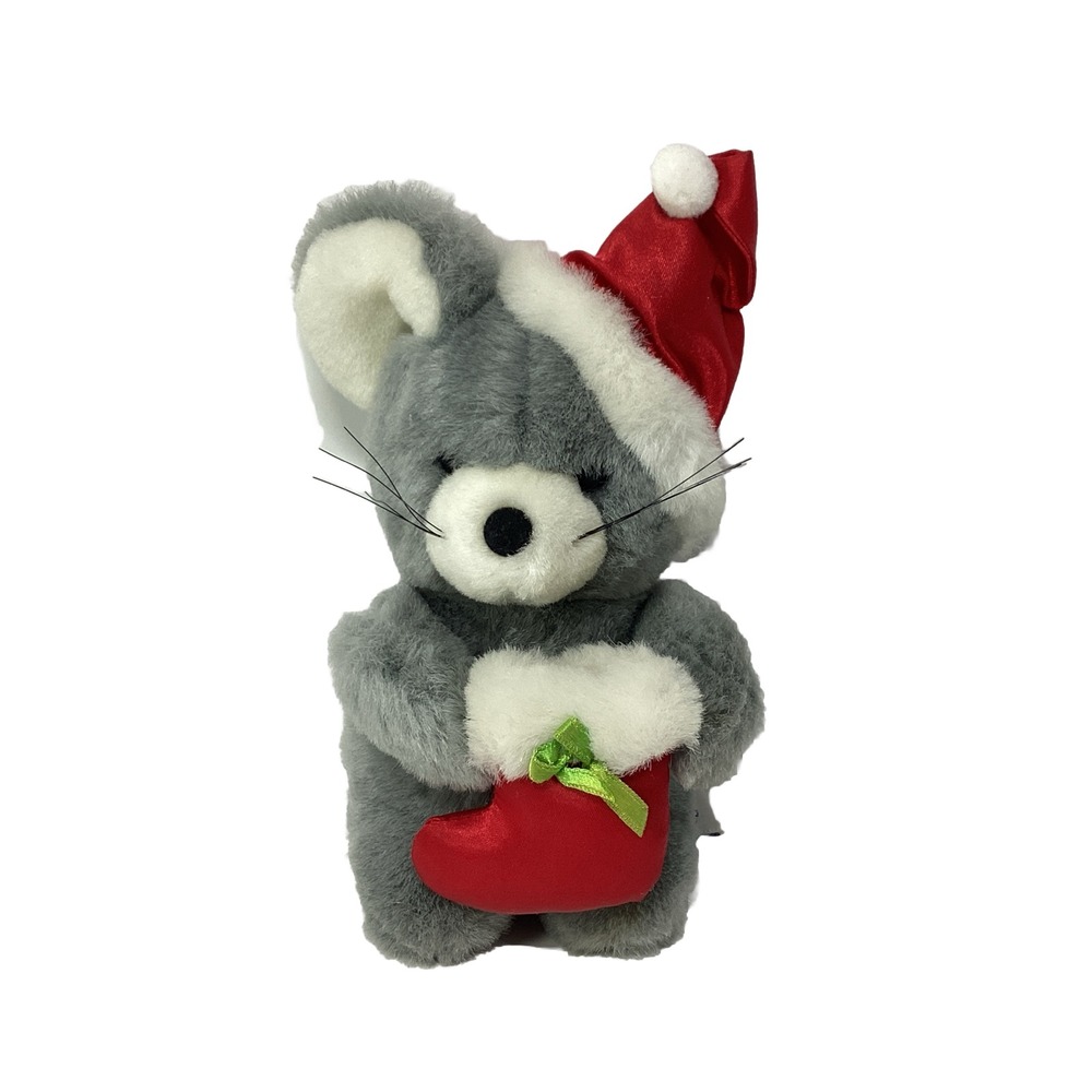 Jerry Elsner 6" Christmas Mouse Stuffed Plush Satin Stocking&Santa Hat